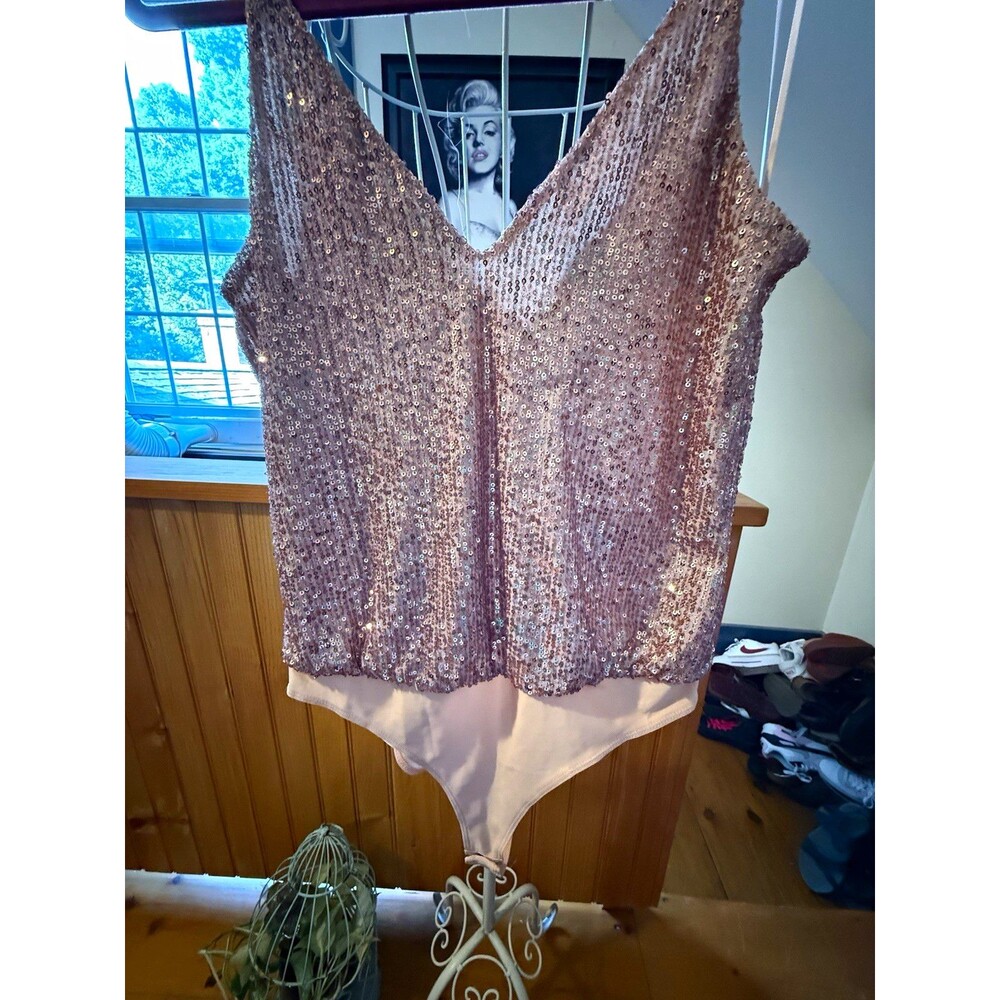 Sincerely Jules Women’s Pink Sequin Teddy Bodysuit Solid Adjustable Strap S